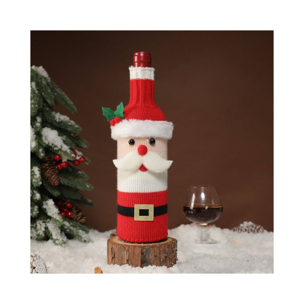 Juego de 3 fundas tejidas para botellas de vino navideñas.