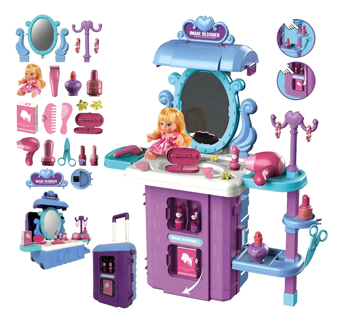 Maletín Tocador De Juguete 3 en 1 Con Accesorios Rosa 35pcs.