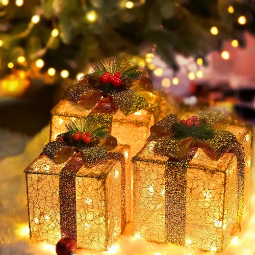 Adornos de 3 cajas con luces navideñas.
