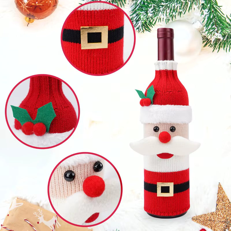 Juego de 3 fundas tejidas para botellas de vino navideñas.